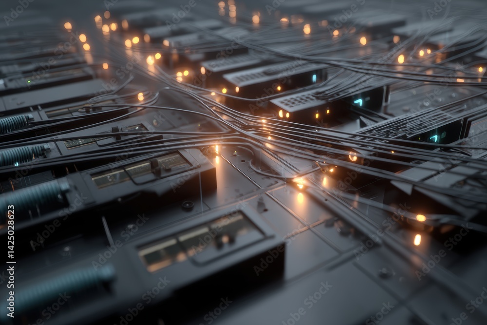 Poster complex network of wires and server racks creating a dark modern aesthetic digital background