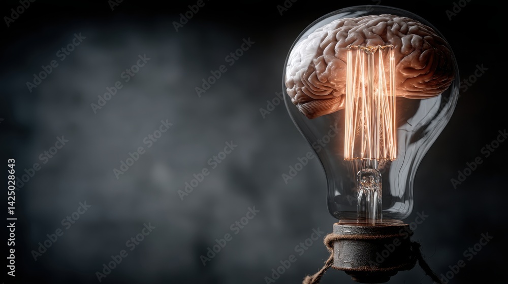 Poster light bulb with a brain inside symbolizing the fusion of ideas and ai innovation in the field of art
