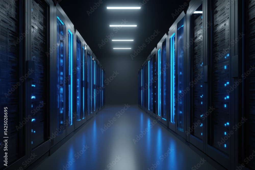 Poster server room with modern equipment and futuristic design for data storage information processing
