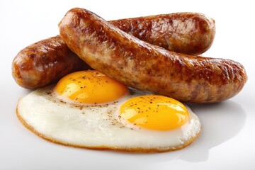Gourmet delight of fried eggs with sunny yolks and savory sausages culinary creation closeup shot