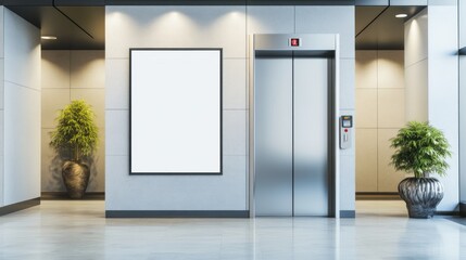 Modern office hallway with elevator and blank poster.