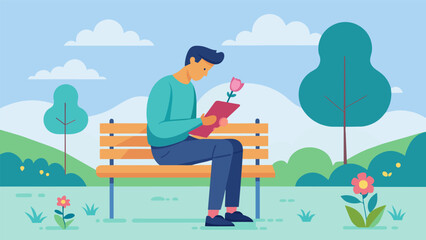 Obraz premium A man sitting on a bench in a park sketching a beautiful flower he found and immersing himself in the present moment..