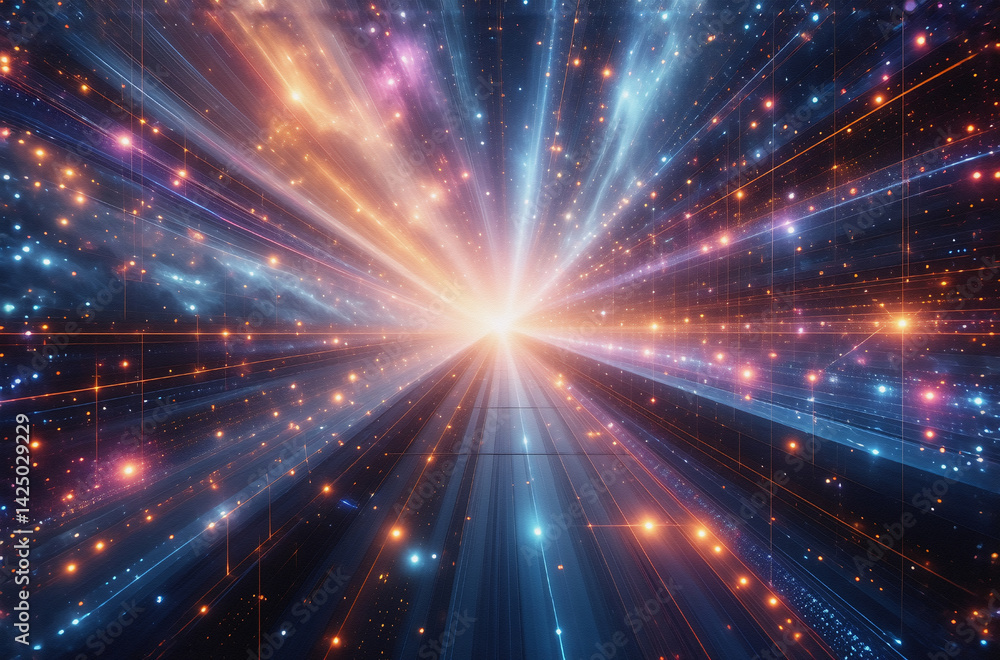 Poster An abstract illustration bursting forth, radiating light and color from a central source. A futuristic scene with energetic lines and points of illumination, suggesting vastness.