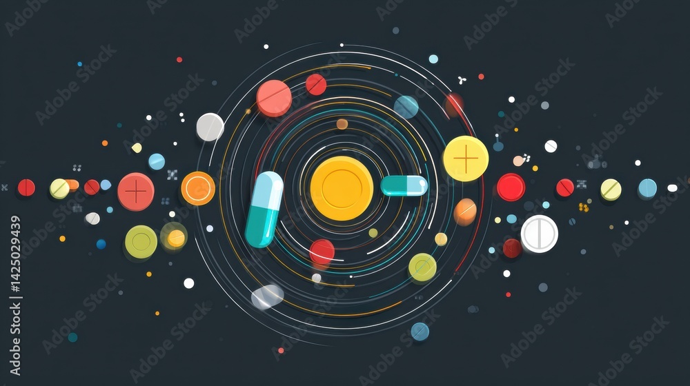 Poster bright minimal pills and icons in a circular health motion create a dynamic visual representation of