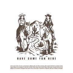 Vintage retro two women riding two horses in the middle of the desert vector illustration