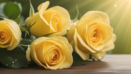 Bright yellow garden roses fresh with morning dew and soft shadows