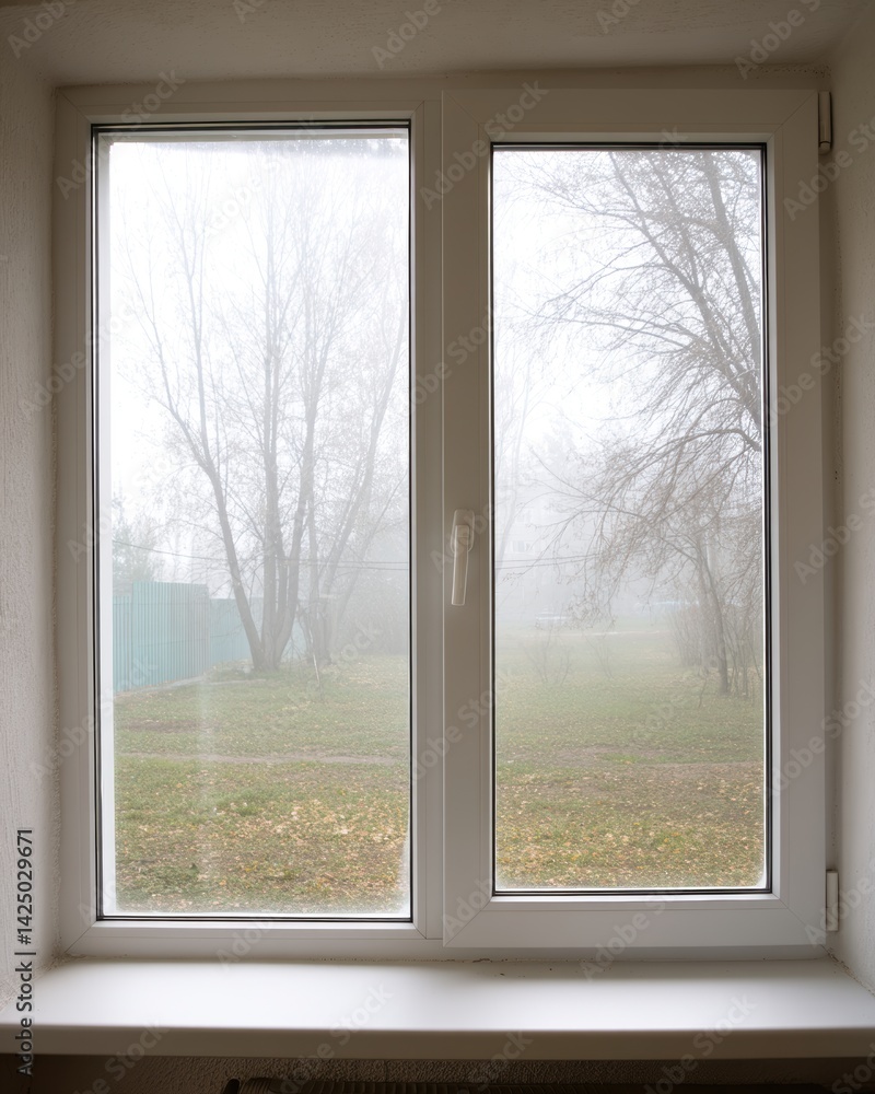 Poster Ethereal mist filters through bare branches seen through double paned window autumn scene tranquility