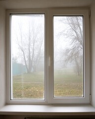 Ethereal mist filters through bare branches seen through double paned window autumn scene tranquility