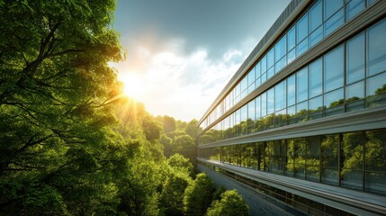 Modern Architecture Blending Harmoniously with Green Nature Forest Environment with Sunlight Reflection