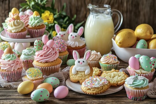 A wooden table is filled with Easter-themed treats like bunny-shaped cookies, pastel cupcakes, and candy eggs. A pitcher of lemonade and a plate of fresh fruit are also on the table