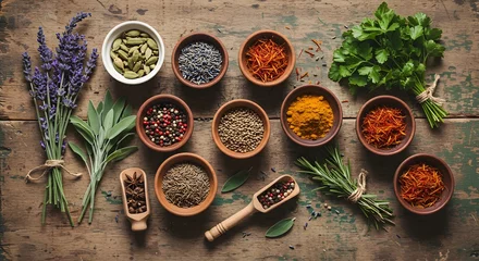 Tableau sur plexiglas Cuisine Overhead view of aromatic herbs and spices arranged on a rustic wooden table for culinary inspiration.  © Image