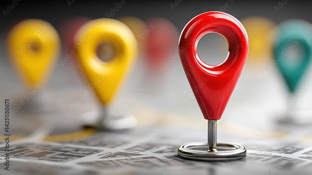 Poster bright red pin marking a location on a map signifying urban design and zoning plans in city developm