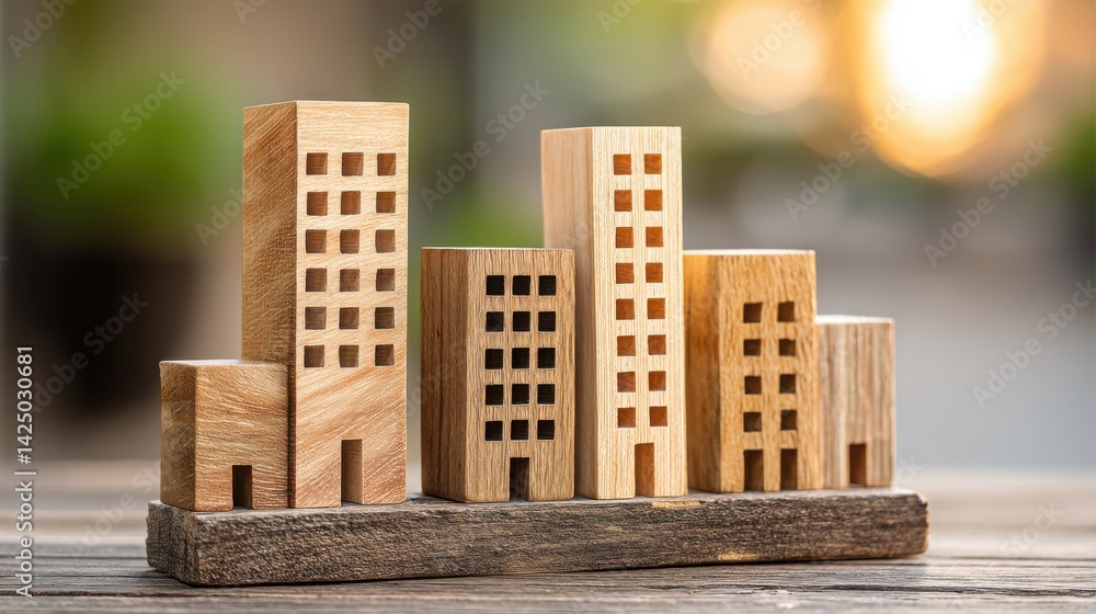 Poster wooden block with a building in the background showcasing urban design and zoning concepts in city d