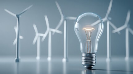 Bright light bulb with wind turbines in the background reflecting ideas of climate innovation and clean energy solutions