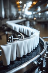 Streamlined cosmetic tube production on automated conveyor belt with focused precision manufacturing process