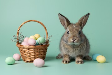 cute rabbit, pastel eggs, soft fur, floppy ears, against a pastel blue background, Fluffy bunny is sitting in a wicker basket with colorful easter eggs, Easter bunny, wicker basket