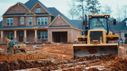 Obraz premium A worker operating a bulldozer to level the ground for a new home.