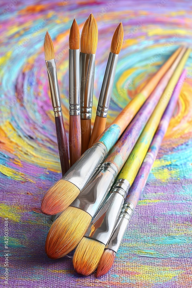 Poster artistic arrangement featuring brushes on colorful canvas capturing creative tools in a vibrant pale