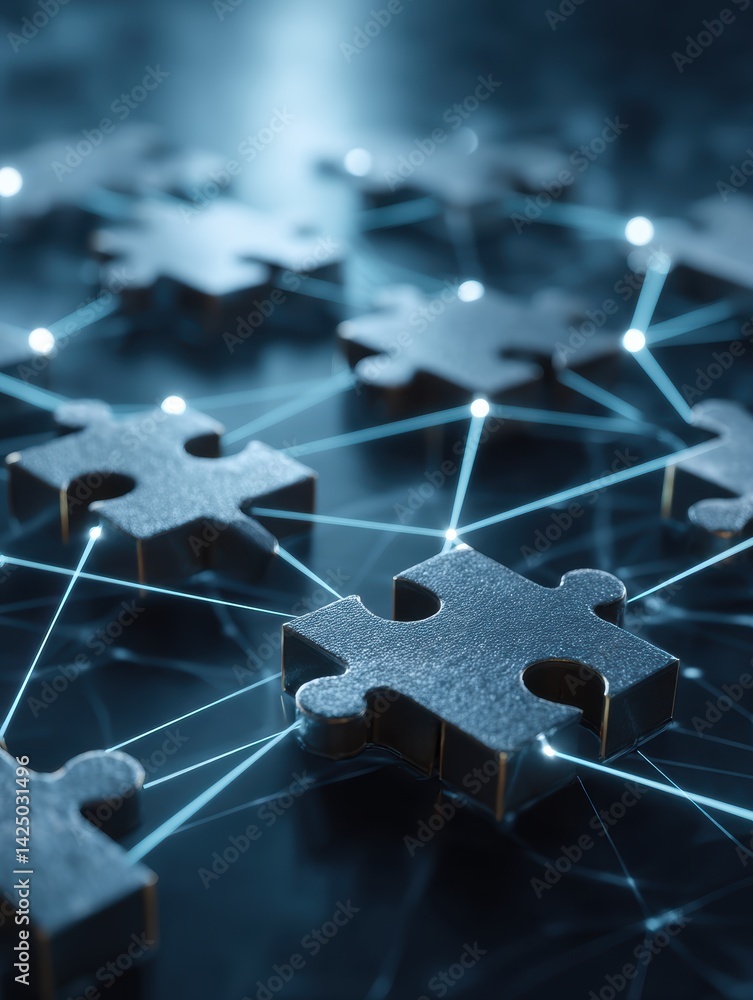 Poster networked connection of jigsaw pieces symbolizing strategy unity partnership with blue illumination