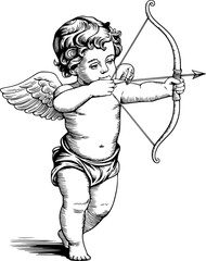 Fototapeta premium Vintage Minimalist Illustration of Cupid (Eros) with Heart-Shaped Dumbbells or Archery, Clean Lines, Bold Outlines, and Engraving Style, Black on White, Elegant and Classic Aesthetic