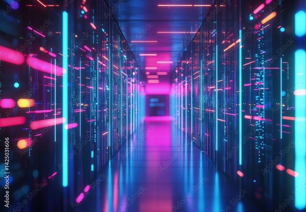 Poster futuristic data center hallway with glowing neon lights and digital reflections. ideal for tech blog