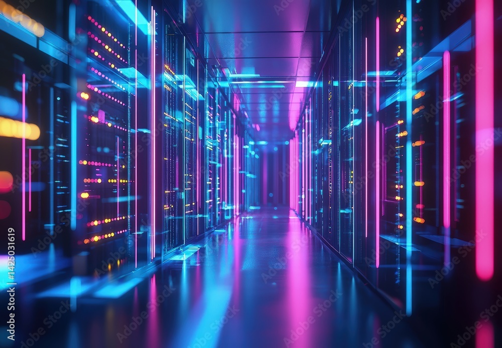 Poster modern data center corridor with neon pink and blue lighting, showcasing server racks and digital in