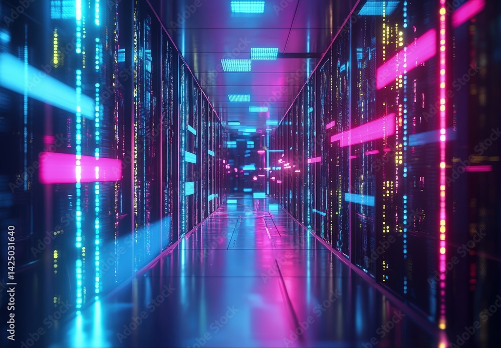 Poster high-tech data center corridor glowing with neon blue and pink lights, reflecting server activity. p