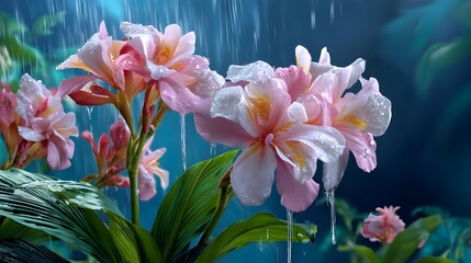Fototapeta premium Pink Flowers Rain Drops Tropical Nature - Nature photography