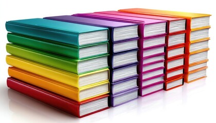 A vibrant stack of colorful books arranged in a neat order, showcasing a spectrum of hues and textures.