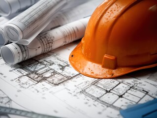 Construction Hard Hat on Blueprint Rolls Engineering Planning for Architecture and Civil Project Design