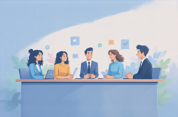 A diverse team collaborates around a table, engaging in a productive meeting.  Their avatars suggest a focused and positive work environment.  Digital communication icons float nearby.