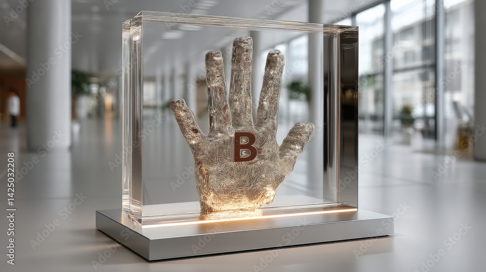 Poster hand placed inside glass display case indicating compliance in regulated cryptocurrency environment 