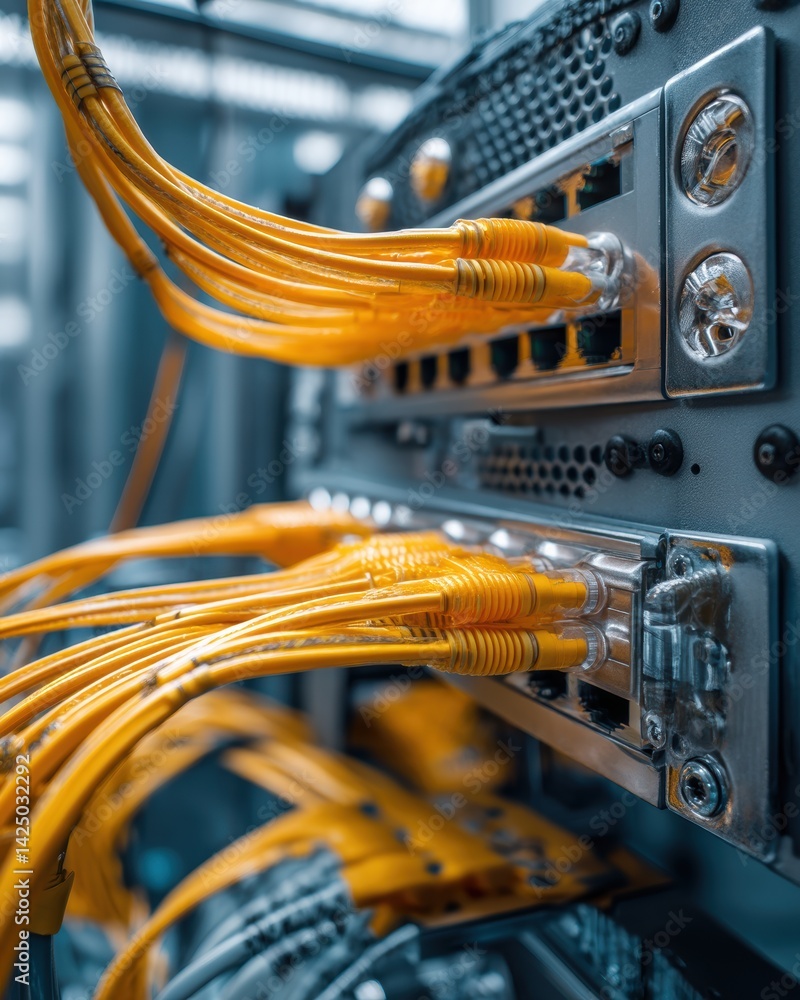 Poster data center connectivity with vibrant yellow cables in structured network for global it solution
