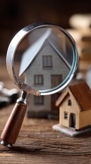Magnifying Glass Inspecting Model Homes for Real Estate Investment on Rustic Wood Table Still Life