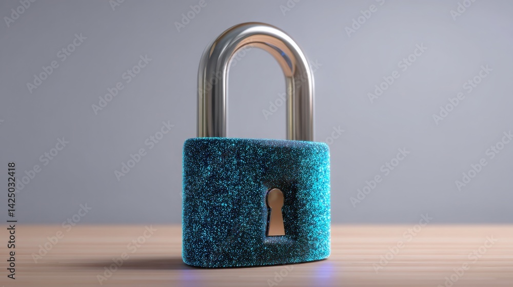 Poster a secure padlock resting on a table representing cyber startup concepts related to cybersecurity com