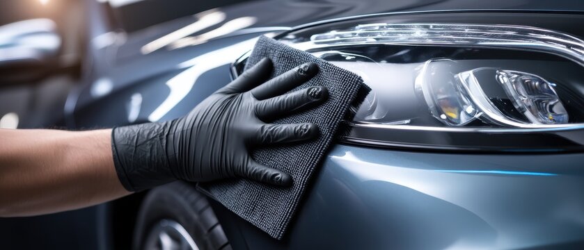 Professional auto detailing a vehicle headlight with micro fiber cloth for car polishing service
