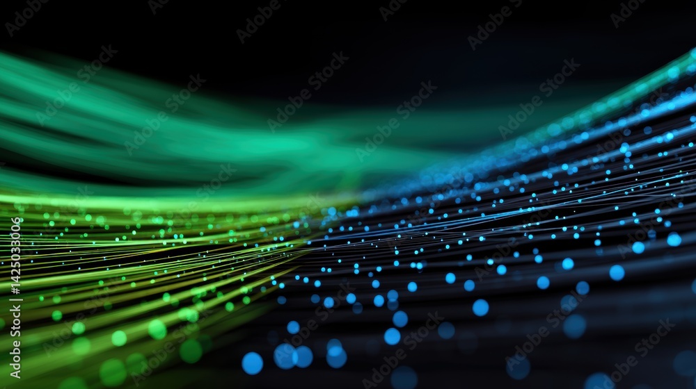 Poster dynamic network connection green and blue light stream data flowing across black modern background