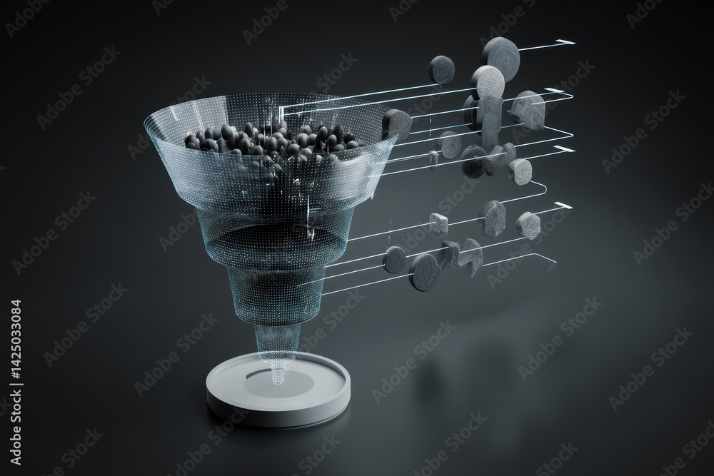 Poster abstract data filtration conceptual digital illustration of a wireframe funnel on dark backdrop