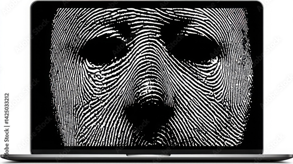 Poster fingerprint on laptop symbolizing digital identity and security in e-commerce and financial transact