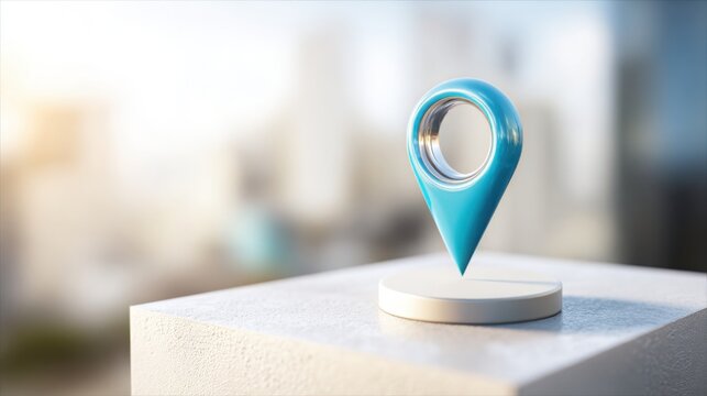 Blue pin on white pedestal signifying digital nomad hub concept for cities attracting remote workers