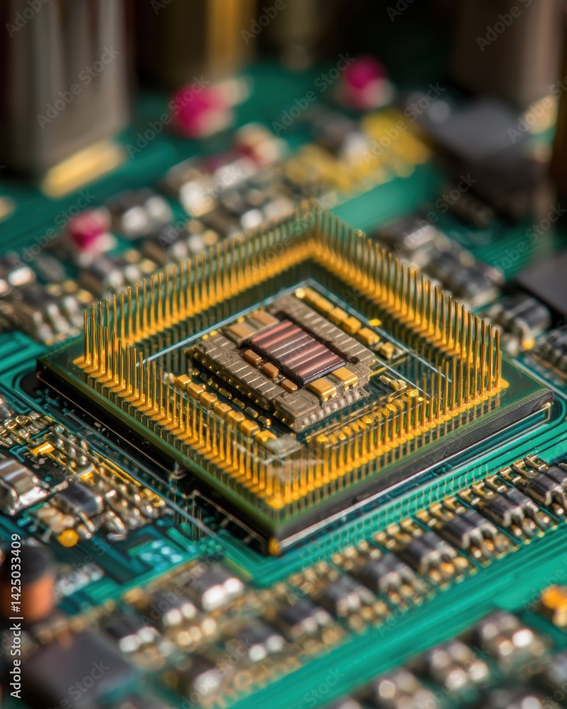Poster detailed macro shot of a modern integrated circuit with intricate circuitry for electronic advanceme