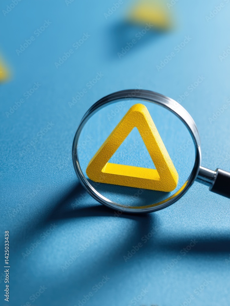 Poster magnifying glass focusing on a yellow triangle on blue surface simple symbolic vision close up