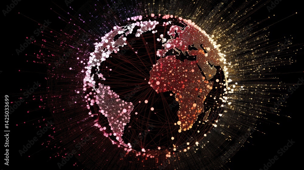 Leinwandbilder Connected World Global Network Digital Illustration Concept with Glowing Nodes and Data Flow
