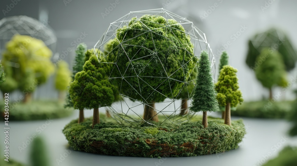 Poster dense forest with trees and a geometric structure representing eco-tech hub focused on environmental