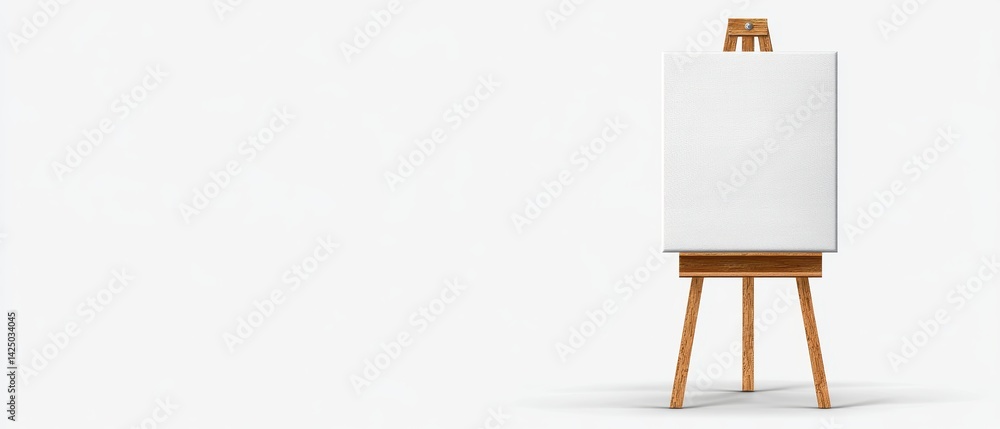 Poster empty white canvas on wooden easel artistic rendering with bright studio background neutral mood