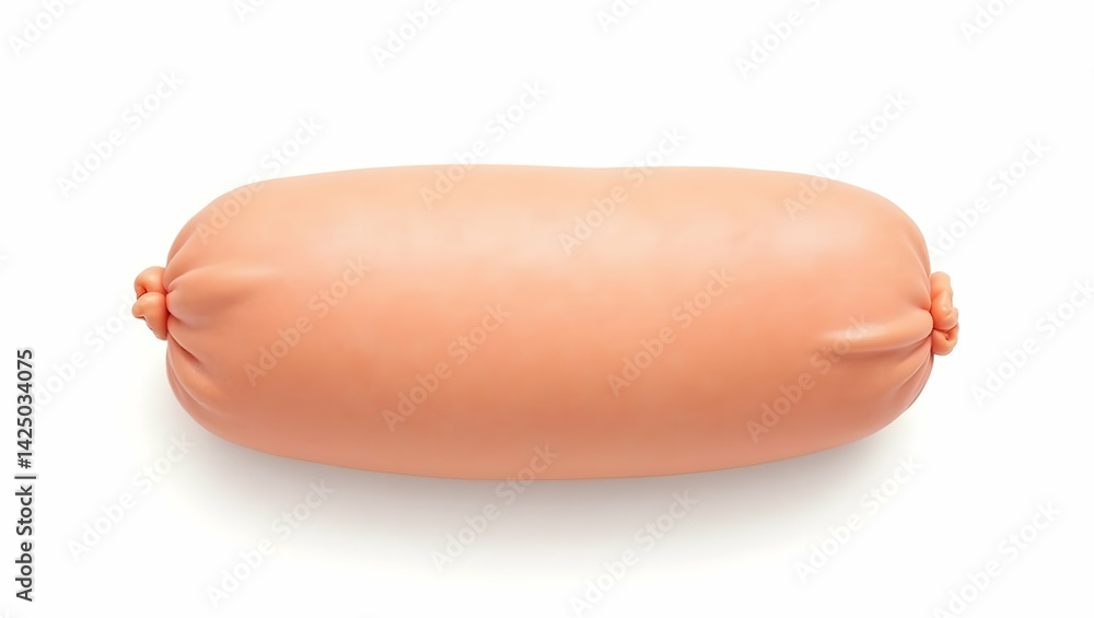 Poster a boiled pink sausage roll with a smooth texture isolated on white, displaying simplicity and minima