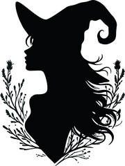 Silhouette Witch with Floral Frame: An elegant silhouette of a witch wearing a pointed hat, framed by delicate floral sprigs. This image is perfect for Halloween, witchcraft, or mystical themes. 