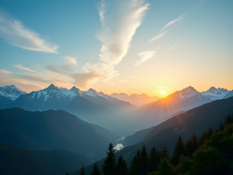 A breathtaking sunrise illuminates a majestic snow capped mountain range, casting a warm glow across the tranquil valley and clear blue sky creating a serene landscape