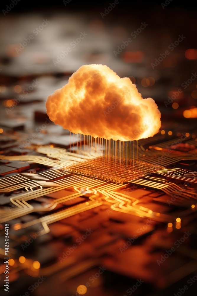 Poster digital network with illuminated cloud golden intricate circuits technology innovation