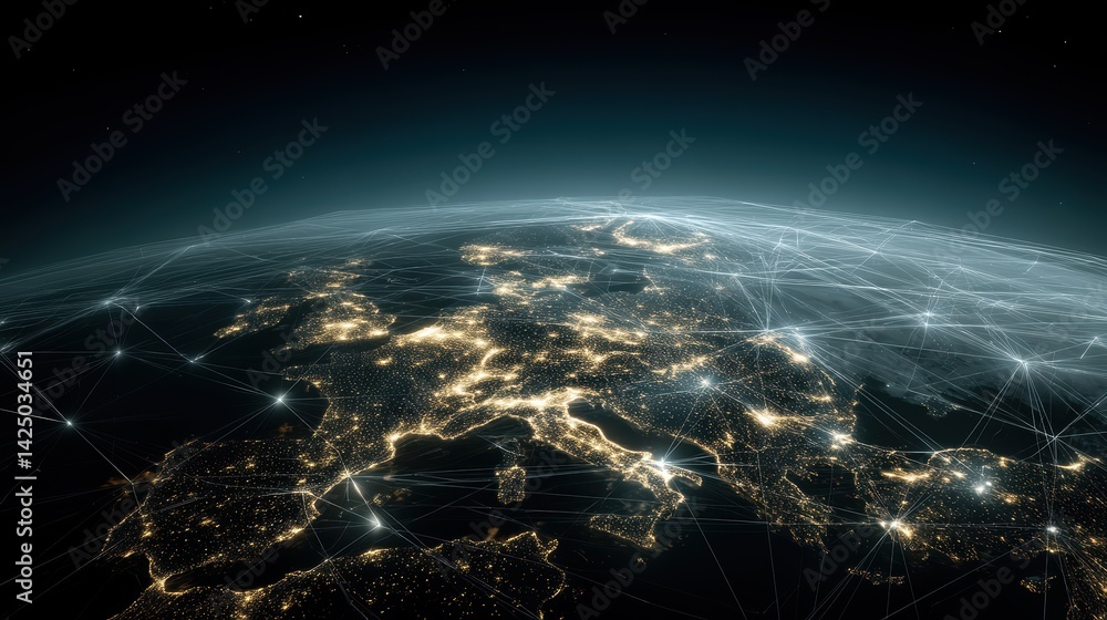 Poster Abstract globe depicting Europe at night showing a data network illuminating cities and vast sky